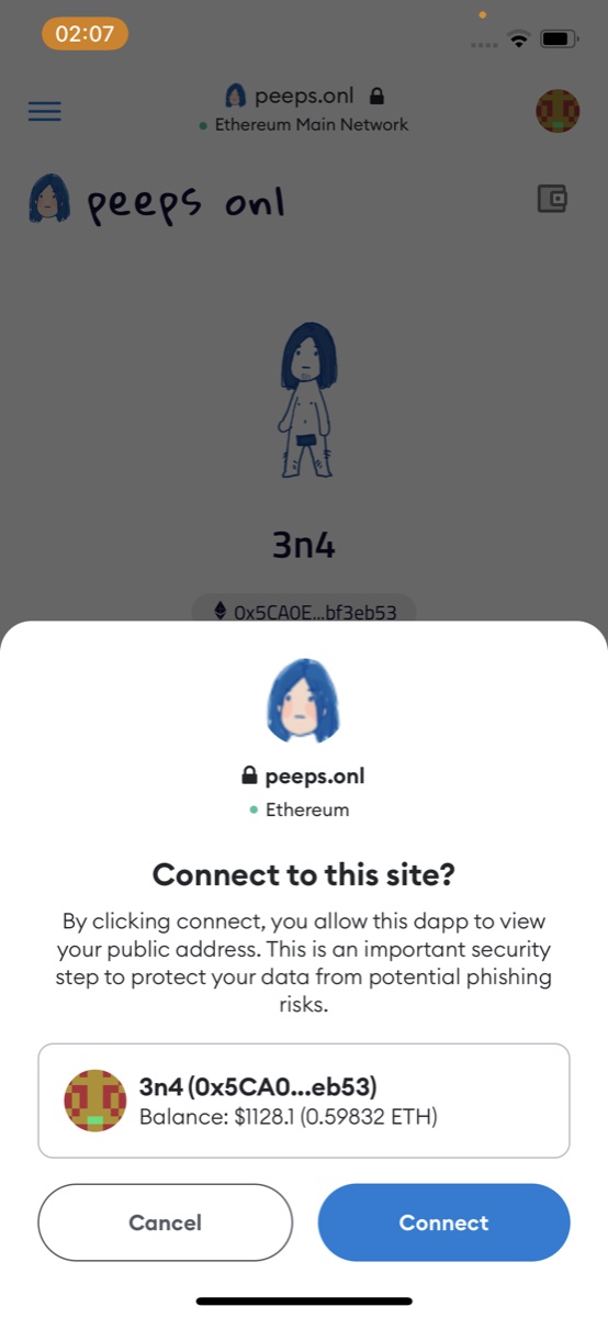 Mobile screenshot of peeps.onl: hand-lettered header, hand-drawn avatar, and a MetaMask connect dialog