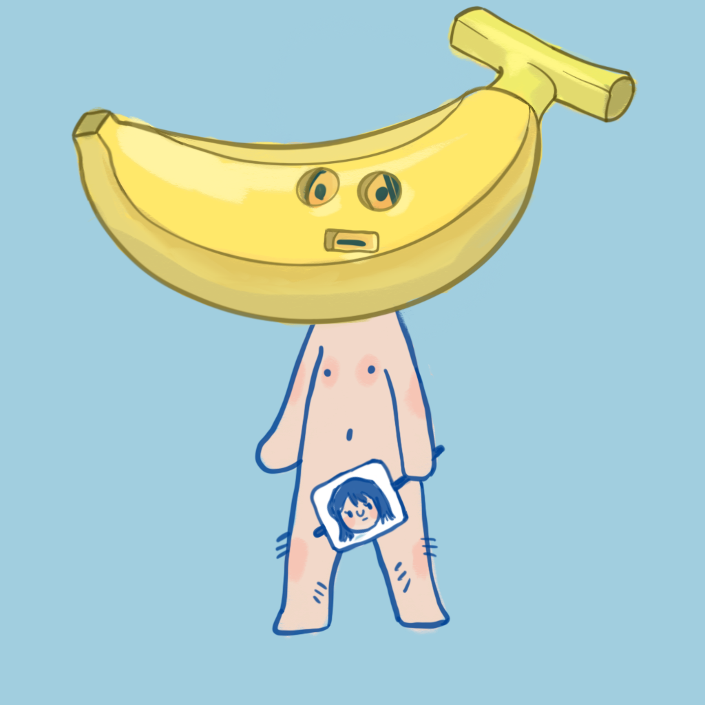 A peep wearing an oversized banana costume and carrying a tiny picture