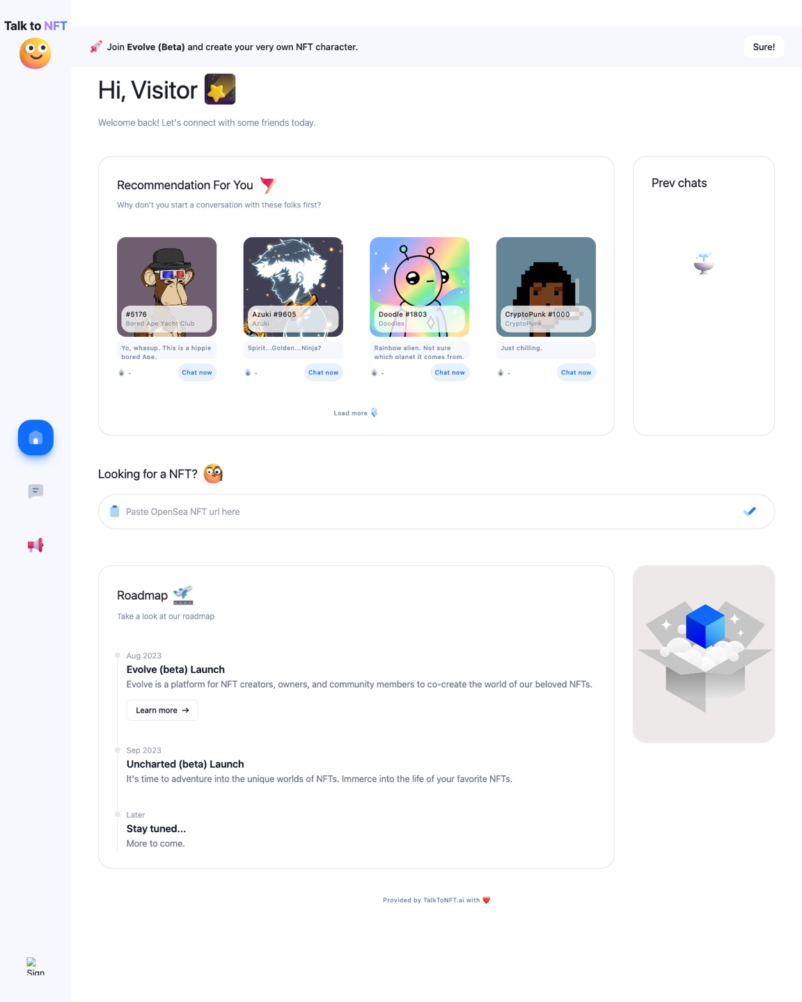 The talktonft.ai homepage: four NFT character cards (Bored Ape, Azuki, Doodle, CryptoPunk) with chat openers, an OpenSea URL input, and a roadmap