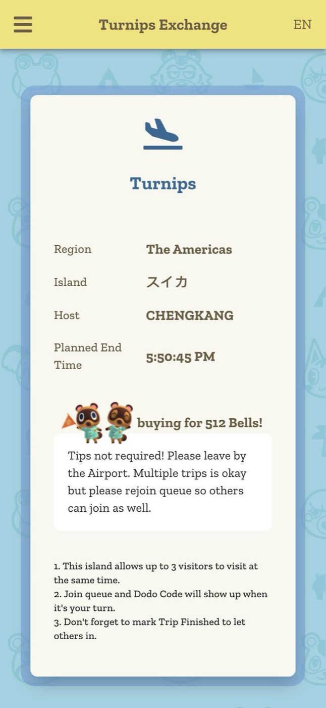 A Turnips Exchange flight for スイカ island, buying turnips for 512 Bells