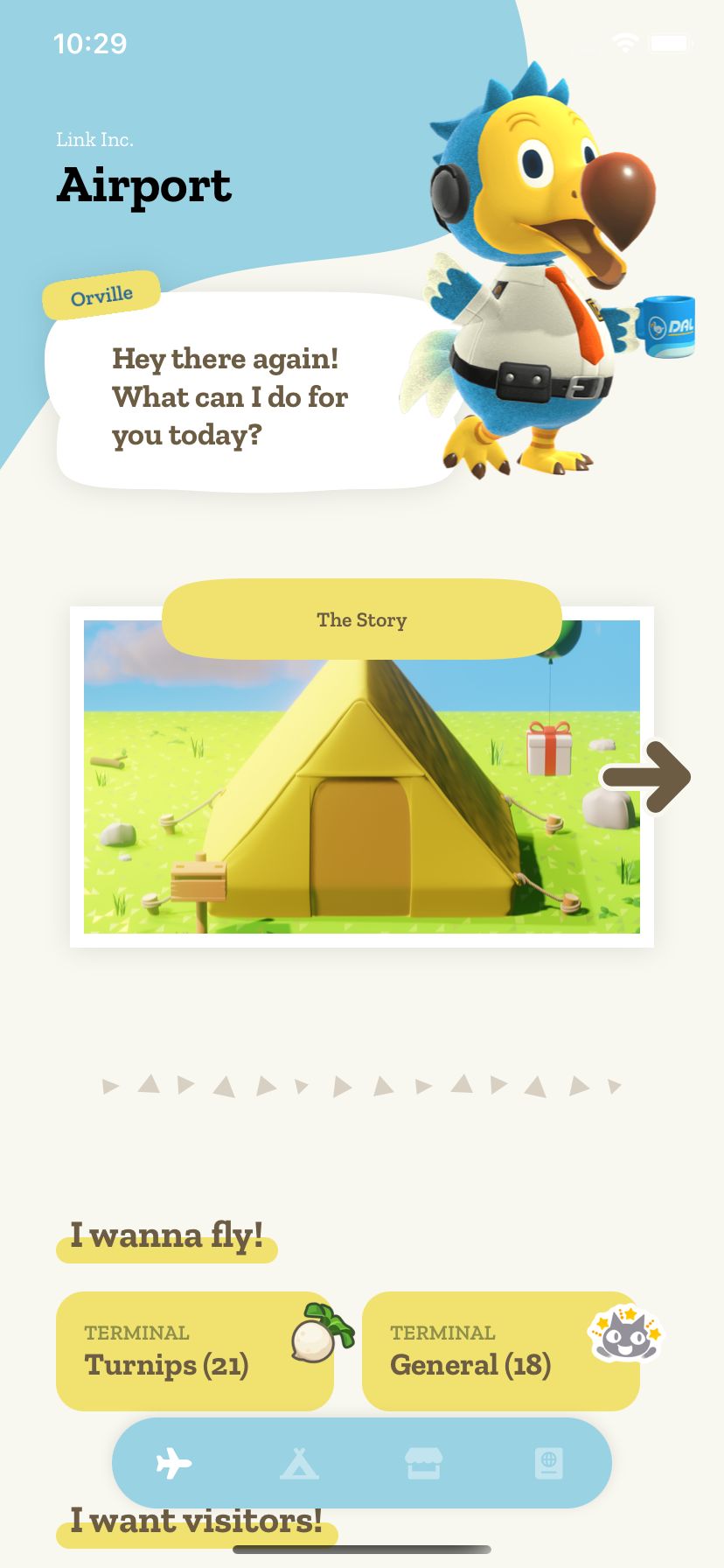 The Link Airport home screen with terminals for turnips and general visits