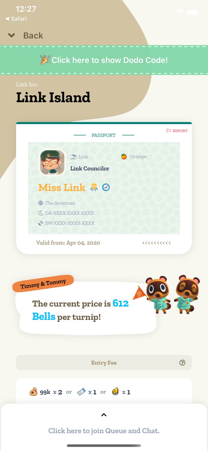 The Link Island community feed with an in-game event post