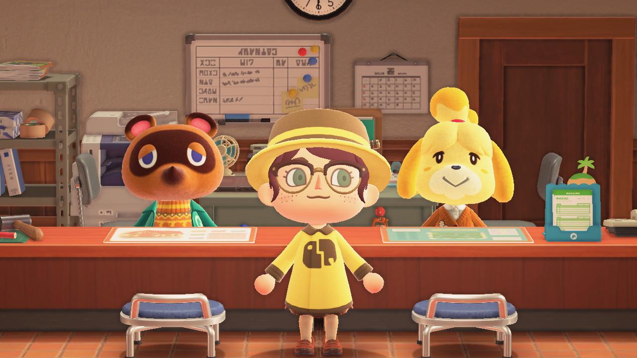 Miss Link standing with Tom Nook and Isabelle at Resident Services