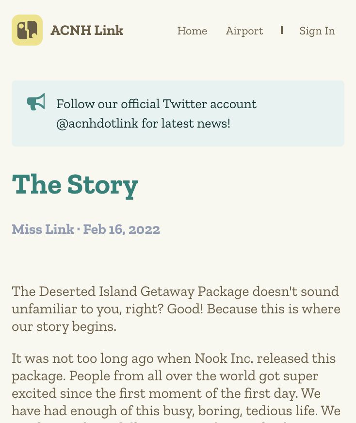 The original story page introducing Link Inc. and its place in the Animal Crossing world