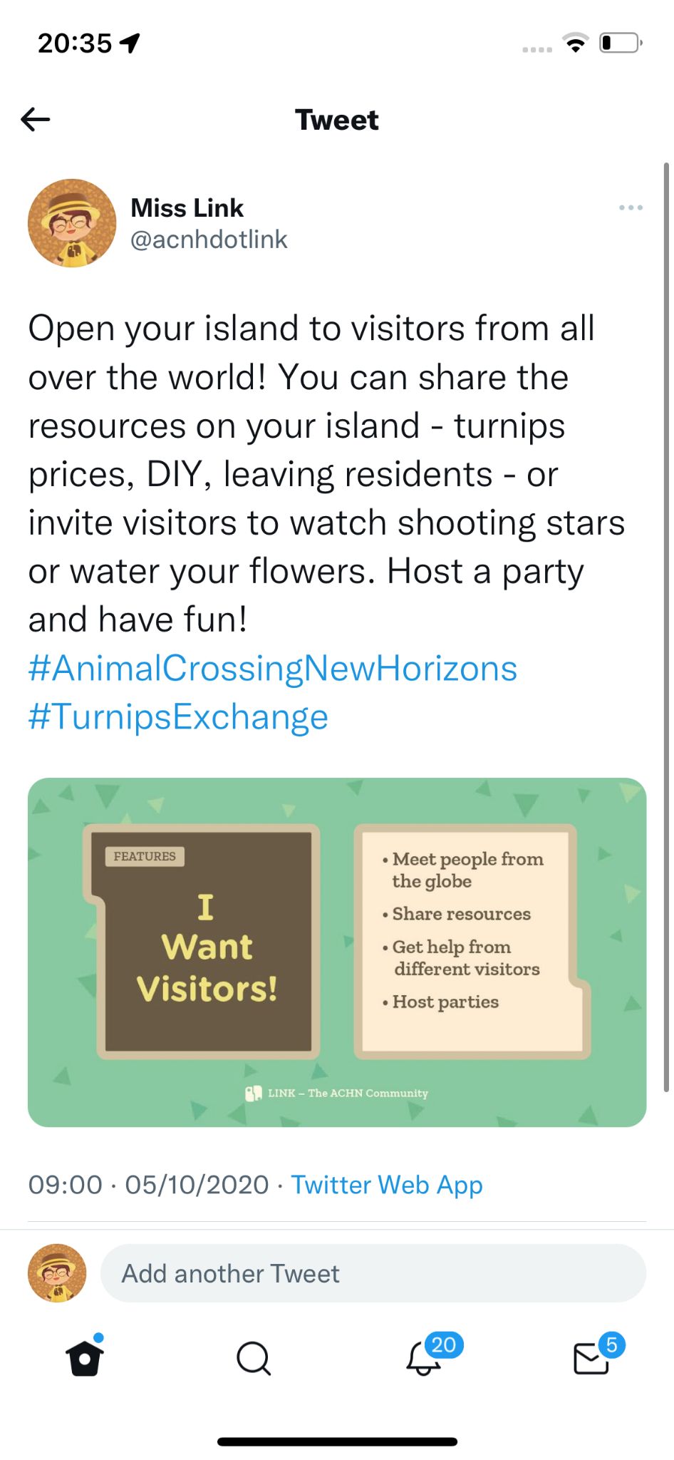 A Link community post inviting players to host visitors for island activities