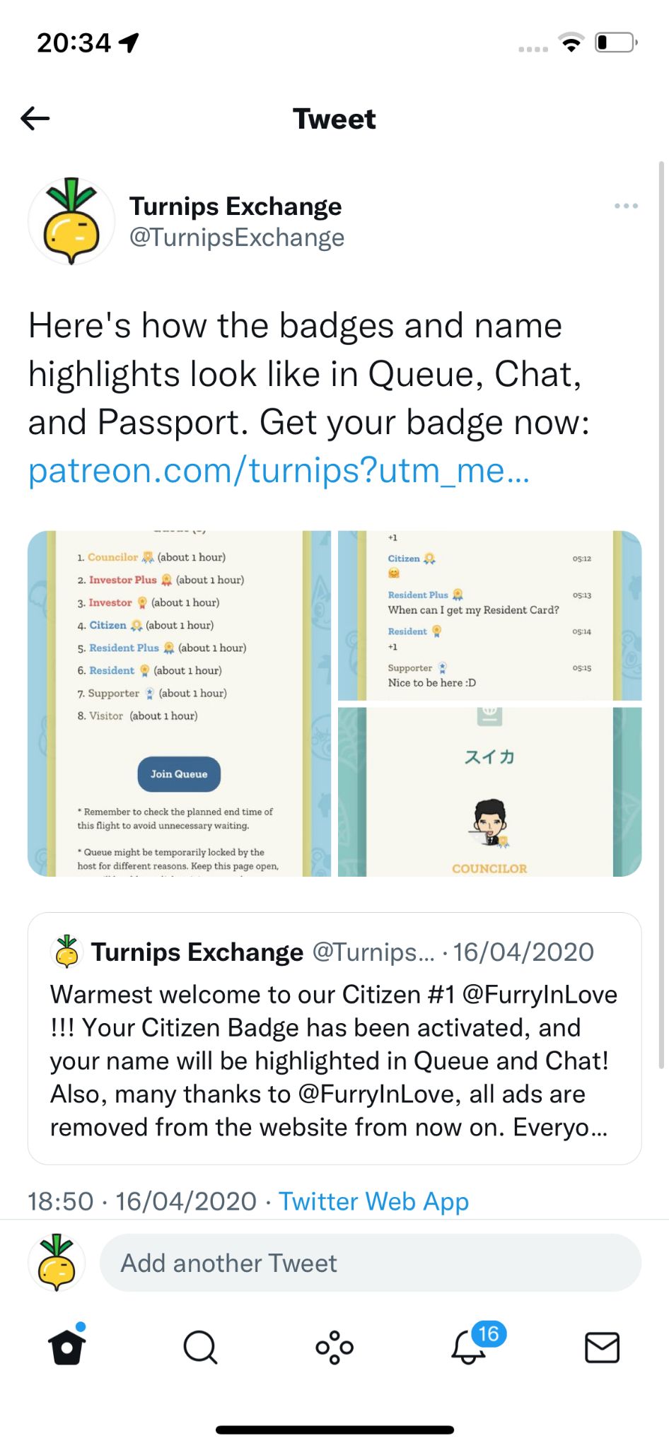 A Twitter announcement showing badges and names highlighted in the queue and chat