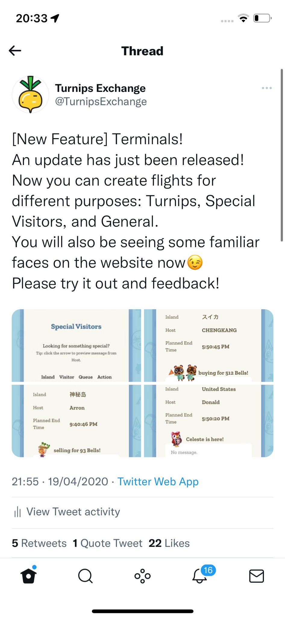 A Twitter announcement introducing the Turnips Exchange terminal system